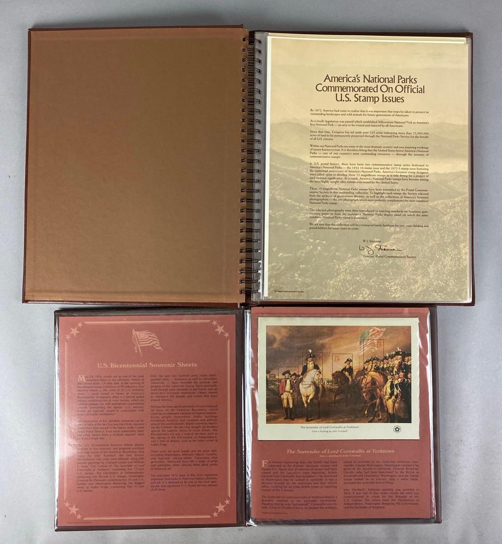 2 PCS Albums of US Stamps: postal commemorative Soceity, includes national parks and bicentennial souvenir sheets, largest album measures 14 inches H x 12 inches W