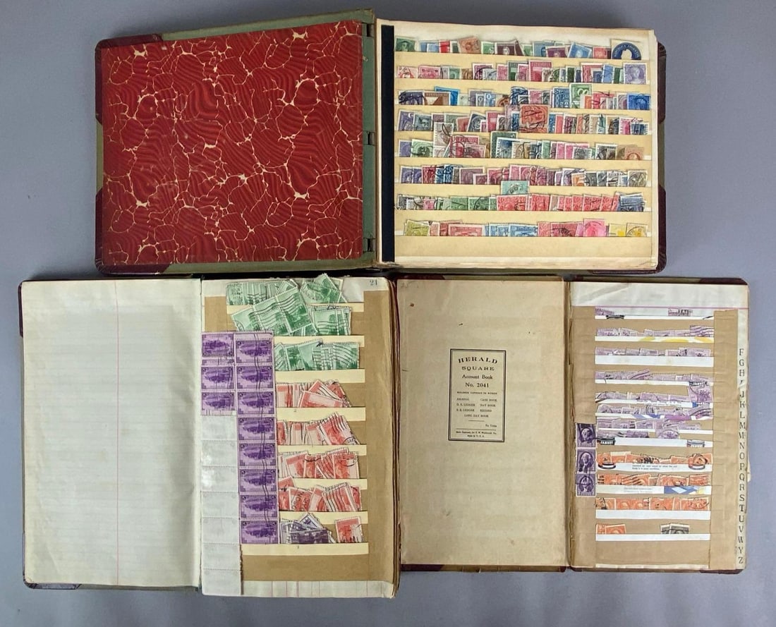 3 Albums of Assorted Stamps: Albums are ledger Books, largest measures 12 1/2 inches H x 8 inches W