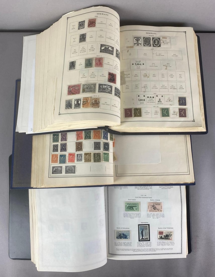 3 Albums of Assorted Stamps: Largest album measures 12 inches H x 10 1/2 inches W