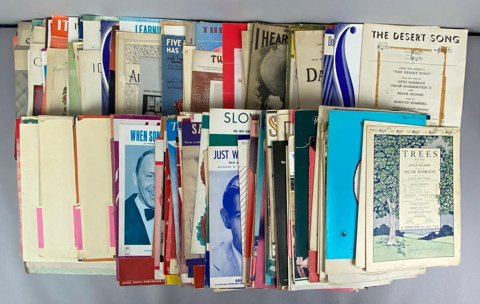 Group of Vintage Sheet Music Books: Includes Trees, the desert song, i hear you and more, largest measures 12 inches H x 10 inches W
