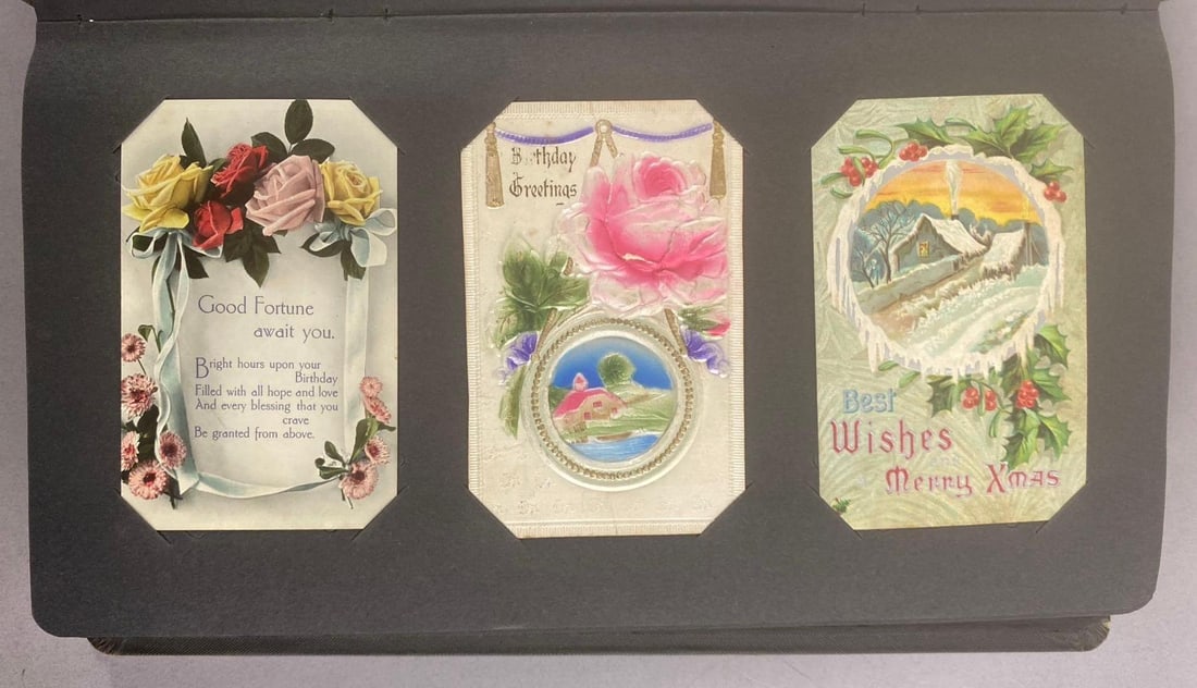 Postcards - 140+ Holiday Greetings: In vintage postcard album, features birds, crosses, flowers, children and more