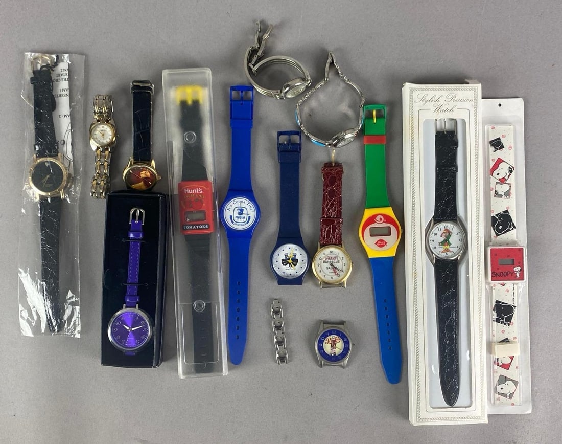 Group of Wristwatches and Parts: Untested, includes hunts ketchup, dairy queen, snoopy and more, longest measures 7 inches in length