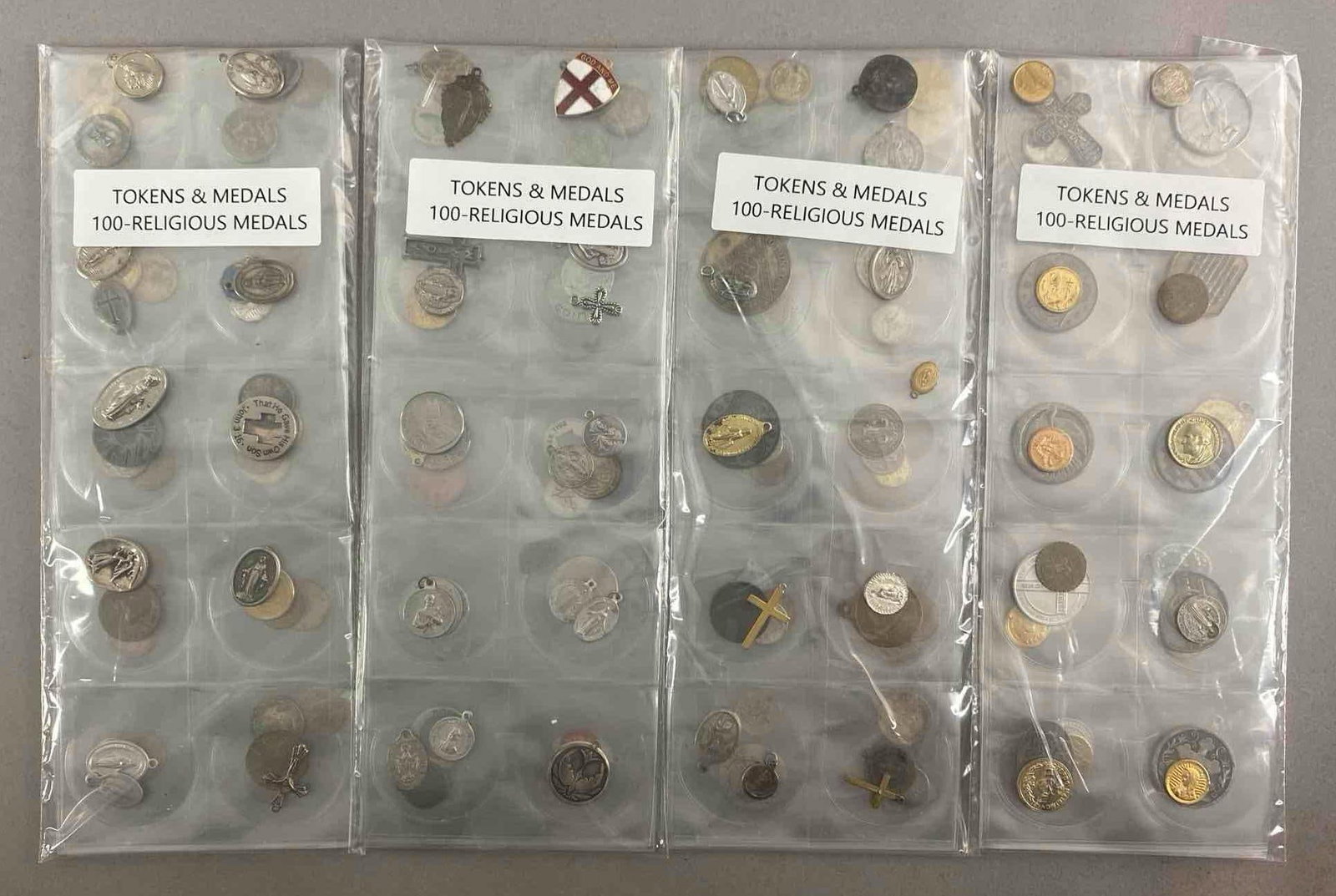 Group of ~400 Religious Medals and More: Includes Pendants and more, each bag measures 11 1/2 inches H x 4 1/2 inches W