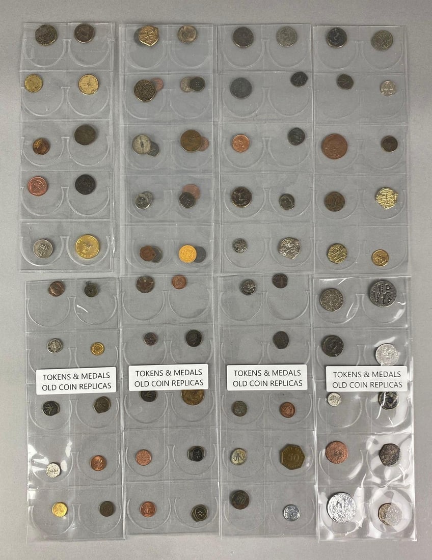 Group of Assorted Tokens and Medals: Includes replica coins, bank token charm, 1 cent and more