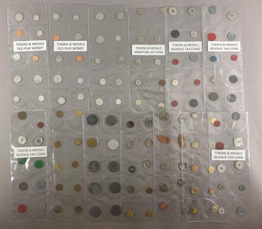 Group of Tokens and More: Includes revenue tax coins, medals, old play money and more