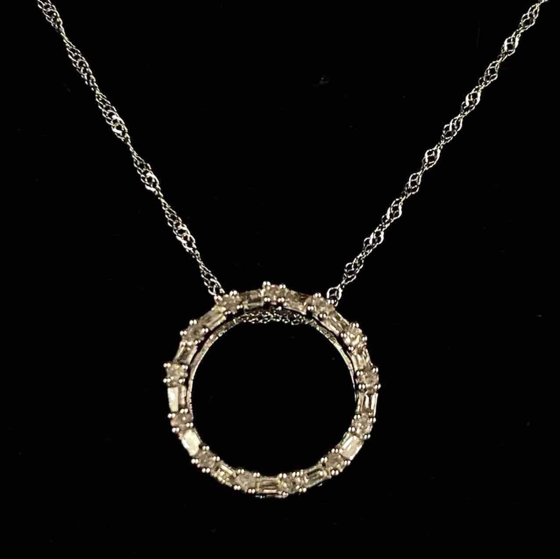 Midas Signed 10K White Gold Singapore Chain Necklace with Circle Diamond Slip Pendant: Total weight of 2 grams, with original tag, measures