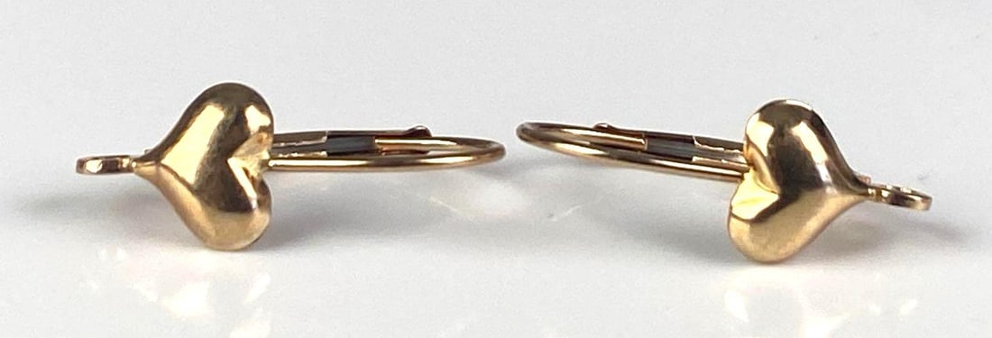 Pair of LM Signed 14K Yellow Gold Heart Hoop Drop Earrings: Total weight of 0.7 grams, each measures 3/4 inches H