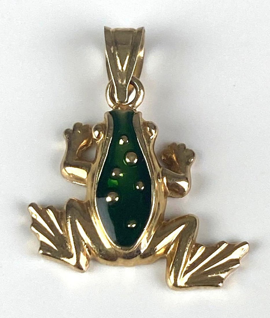 MQ Signed 14K Yellow Gold Frog Enamel Pendant: Total weight of 2.3 grams, measures 1 inches H