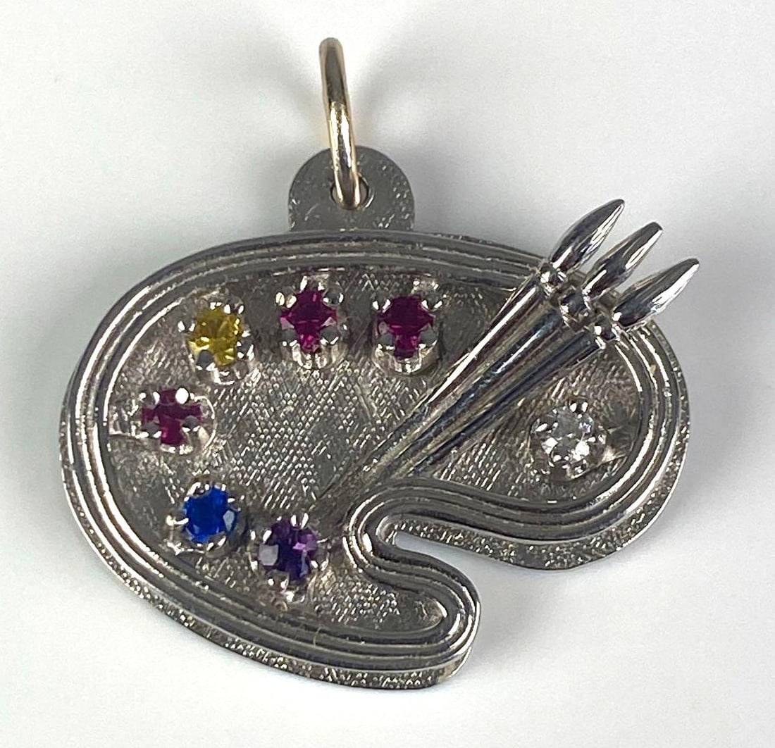 RQC Signed 10K White Gold Multi-Gem Artist Pallet Pendant: Total weight of 4.2 grams, measures 3/4 inches H x 3/4 inches W