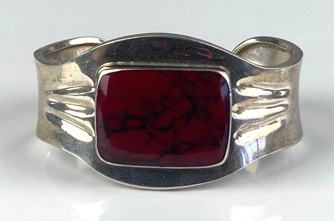 Mexican Sterling Silver Bloodstone Agate Cuff Bracelet: Total weight of 36.7 grams, measures 1/2 inches H, inner circumference measures 7 inches with a 1 inches opening