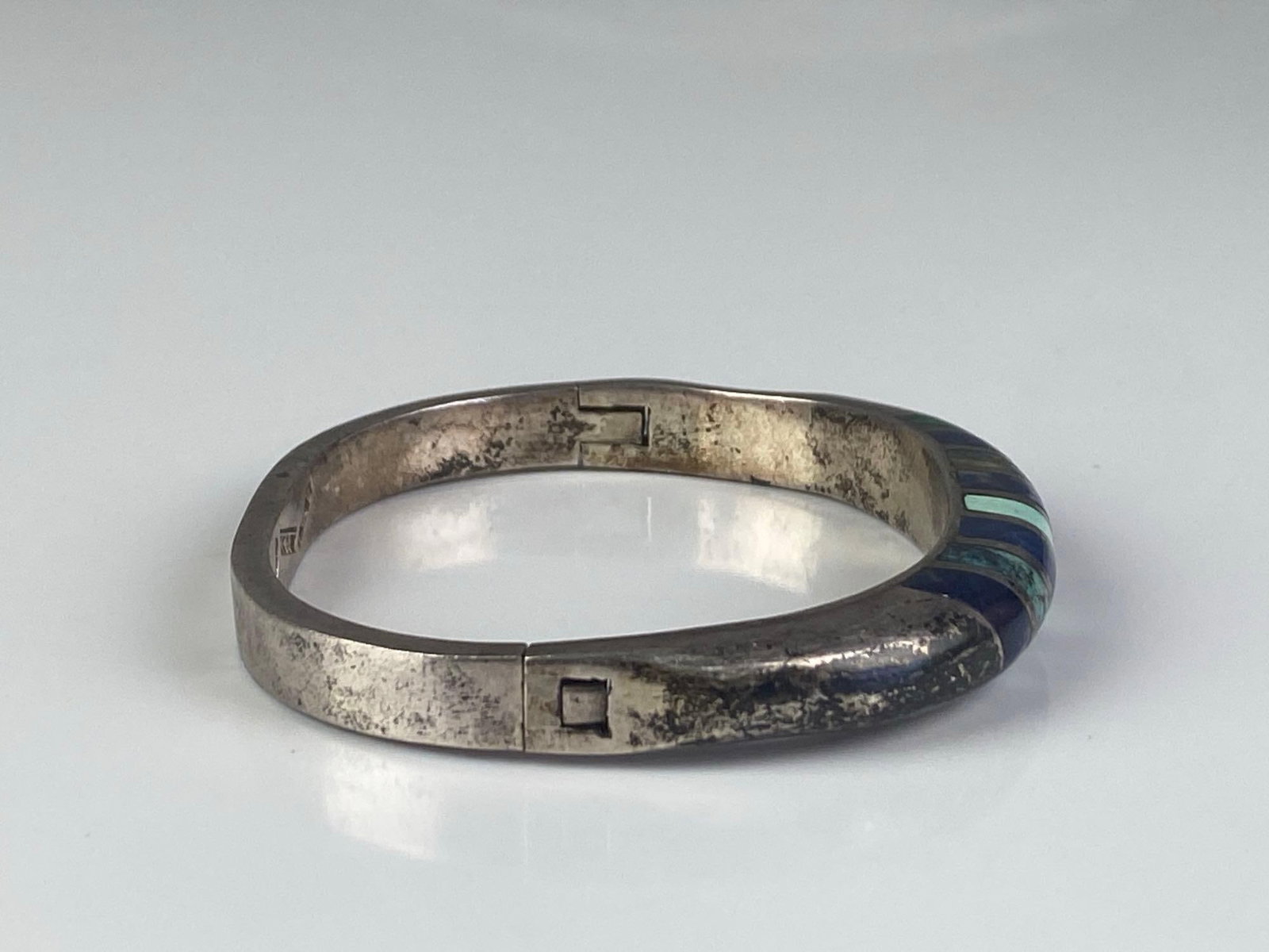 Mexican Silver Multi-Stone Hinged Bangle - 4