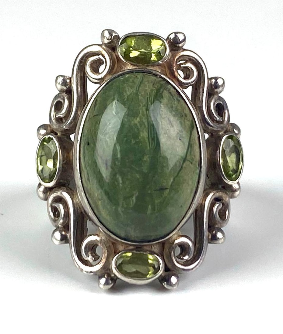 PTI Signed Sterling Silver Peridot Nephrite Jade Ring: Size 9
