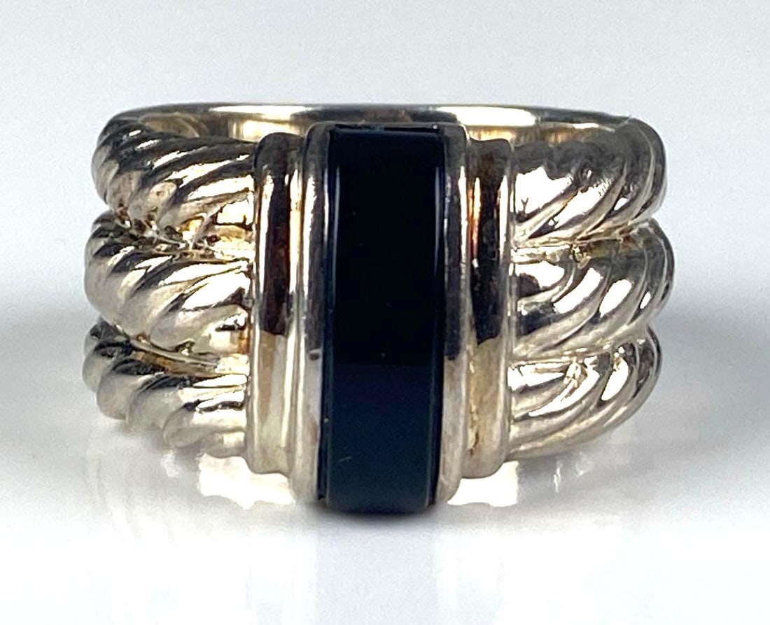 Sterling Silver Twisted Stack Onyx Ring: size 9
