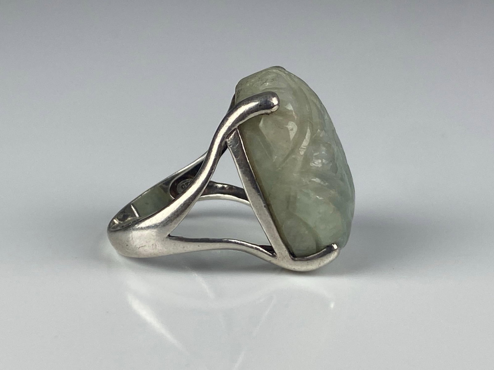 Sterling Silver Carved Jade Ring - 4