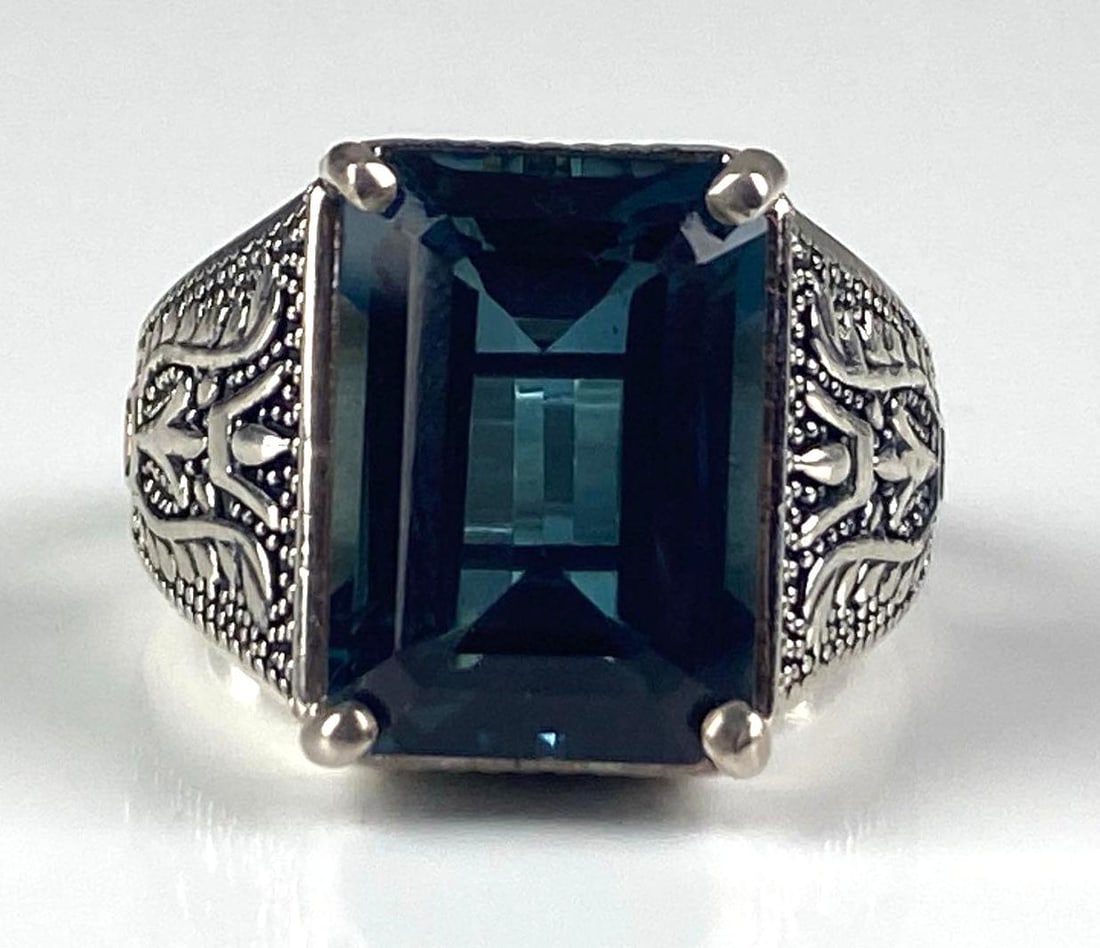 Djoy Signed Sterling Silver Blue Topaz Statement Ring: Size 12