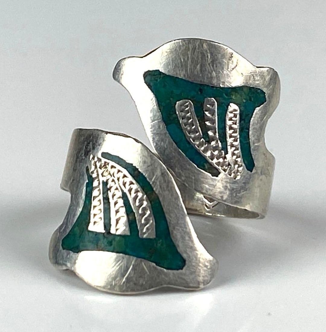 FP Signed Sterling Silver Turquoise Bypass Ring: Size ~ 8