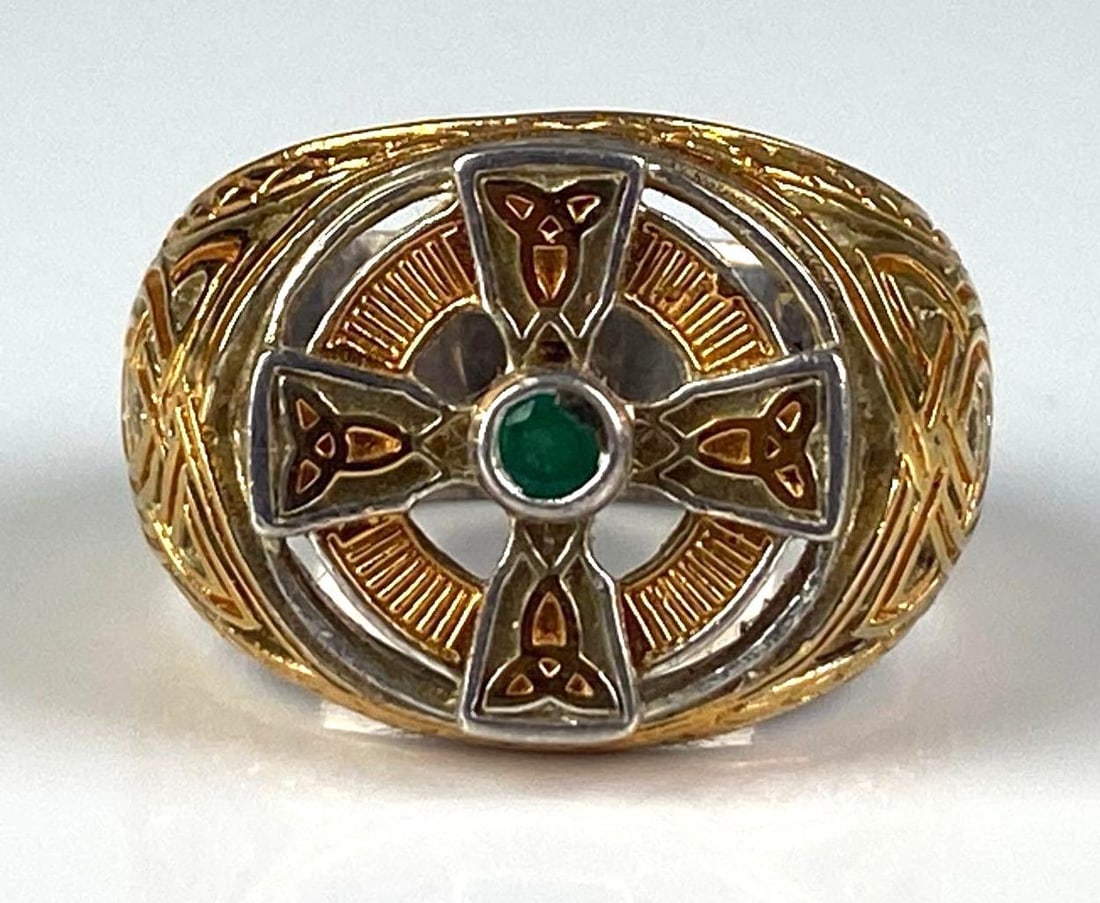 Franklin Mint Signed Sterling Silver Celtic Cross Emerald Ring: Size 9 1/2