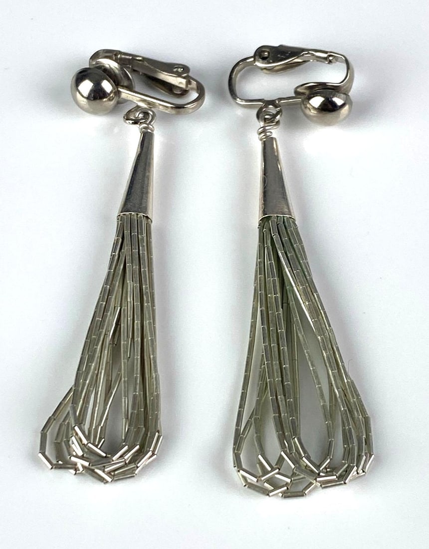 Pair of SM Signed Sterling Silver Liquid Strand Clip Dangle Earrings: Each measures 2 1/4 inches H