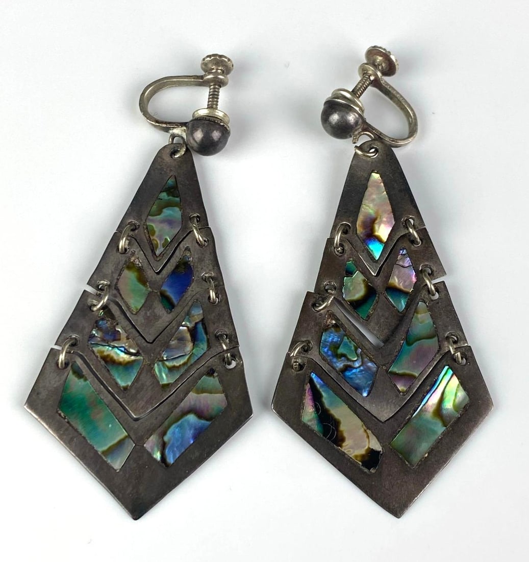 Pair of Mexican Sterling Silver Abalone Shell Chevron Link Screw-Back Dangle Earrings: Each measures 2 1/2 inches H x 1 inches W