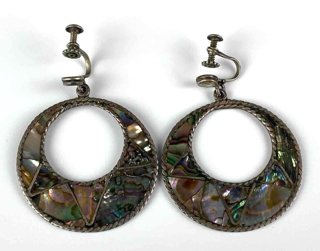 Pair of Mexican Sterling Silver Abalone Shell Screw-Back Dangle Earrings (1 of 3)