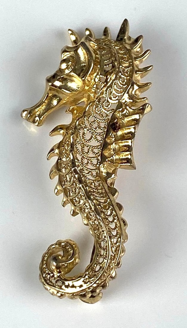 German Gold Plated Sterling Silver Seahorse Brooch: Measures 1 1/2 inches H x 3/4 inches W
