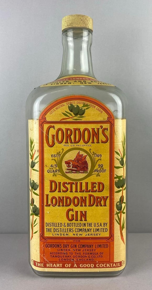 Vintage 1950s Gordons London Dry Gin Advertising Display Bottle: Measures 22 inches tall.