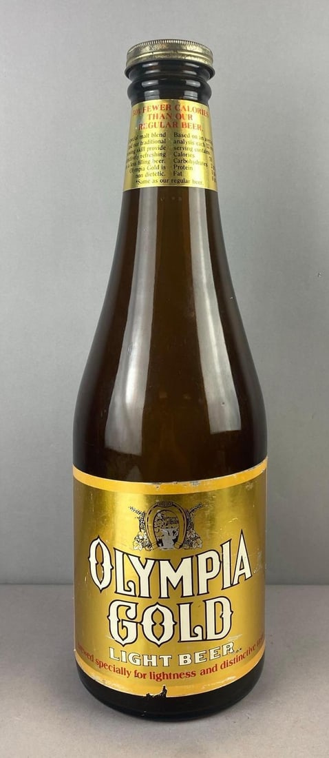 Vintage Olympia Gold Light Beer Advertising Bottle: Measure 21 inches tall.