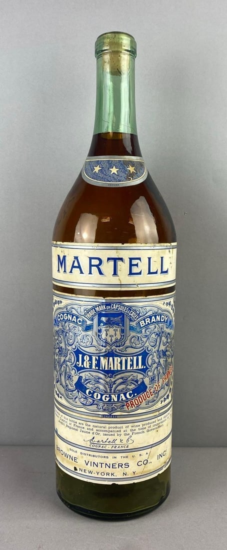 Vintage 1950s Martell Cognac Display Bottle: Measures 22 inches in length.