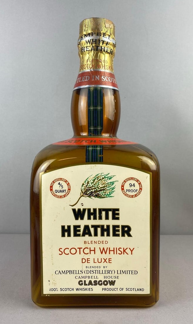 Vintage 1950s White Heather Scotch Whisky De Luxe Advertising 4/5Qt Display Bottle: Measure 18 inches tall.