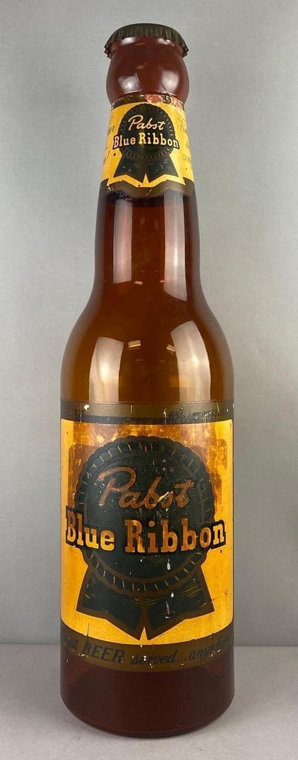 Vintage 1950s Pabst Blue Ribbon Advertising Display Bottle: Measures 30 inches tall. Has a repaired crack at bottom.