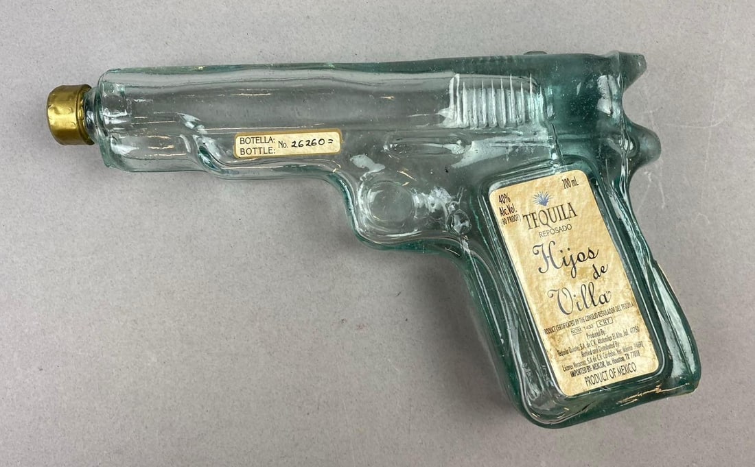 Hijos De Villa 1911 Shaped Pistol Tequila Decanter: Measure L 9 x W 5 inches.