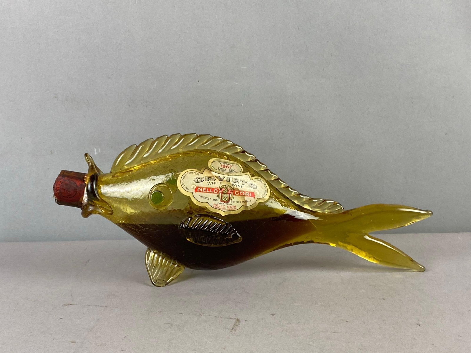 Vintage 1967 Italian Orvieto White Wine Glass Fish Shaped Decanter: Measures 14 inches in length.