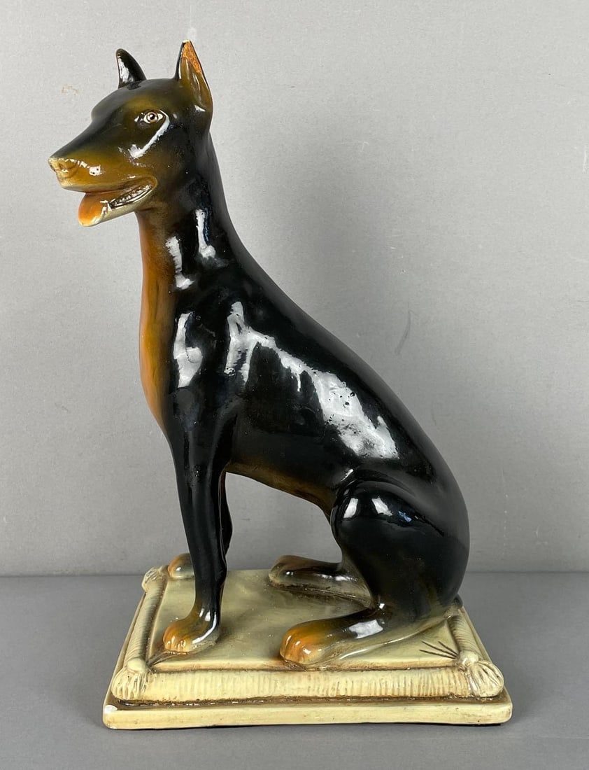 Vintage L and L Chalkware Doberman Pinscher Statue: Likely loevsky and loevsky, some small dings including tip of ear, measures 12 1/2 inches x 8 inches x 5 1/2 inches