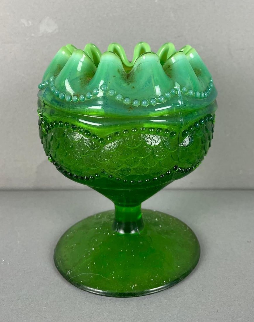 Antique Opalescent Green Footed Rose Bowl (1 of 4)