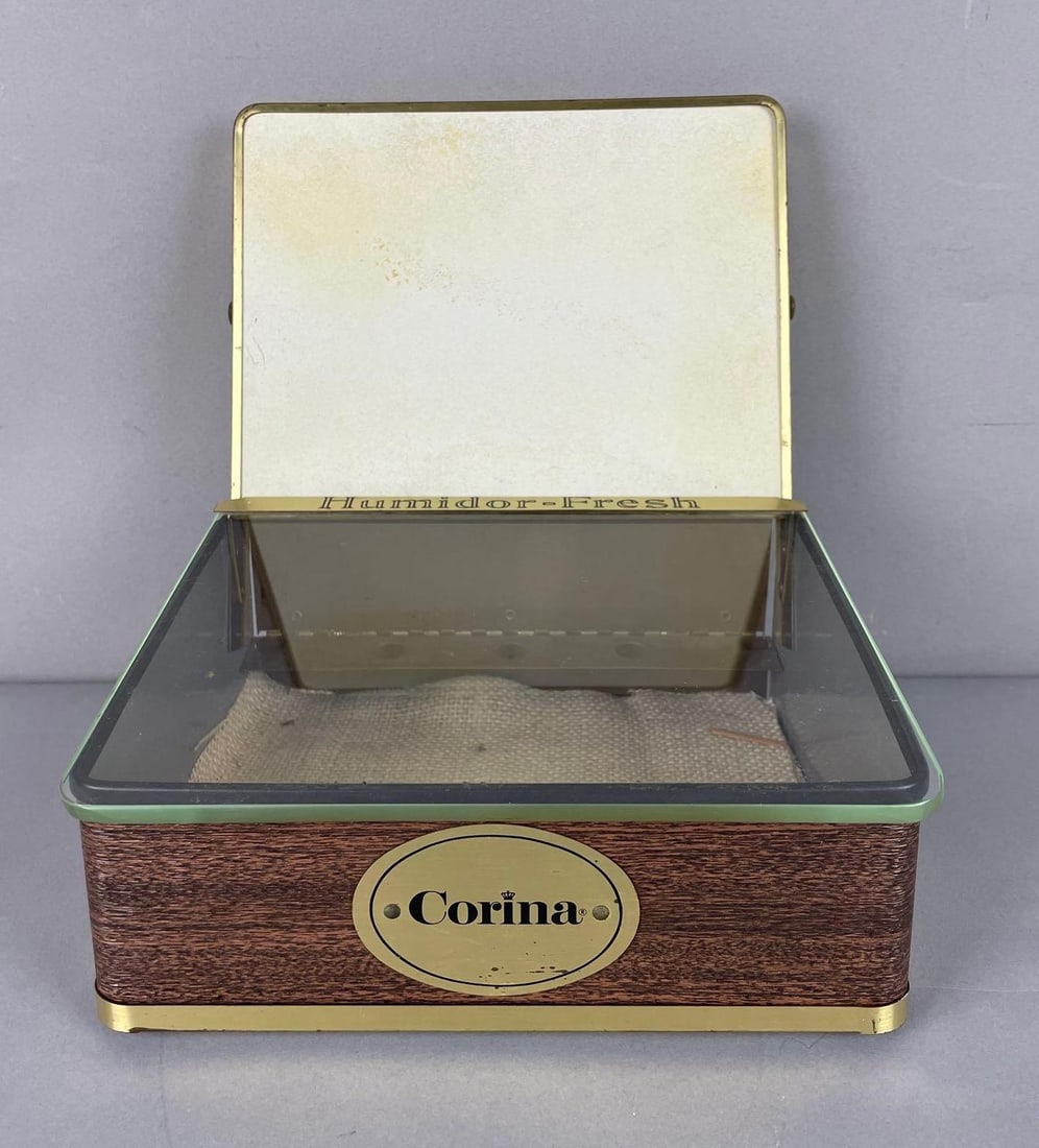 Vintage Corina Larks Cigar Humidor Advertising Countertop Display: Glass lid, measures 9 1/2 inches x 8 1/4 inches x 9 1/4 inches