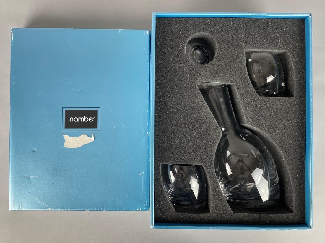 Nambe Crystal Tilt Decanter Set: Full lead crystal, Slovenia made, decanter measures 10 3/4 inches, original box measures 16 1/4 inches x 12 1/2 inches x 6 1/4 inches