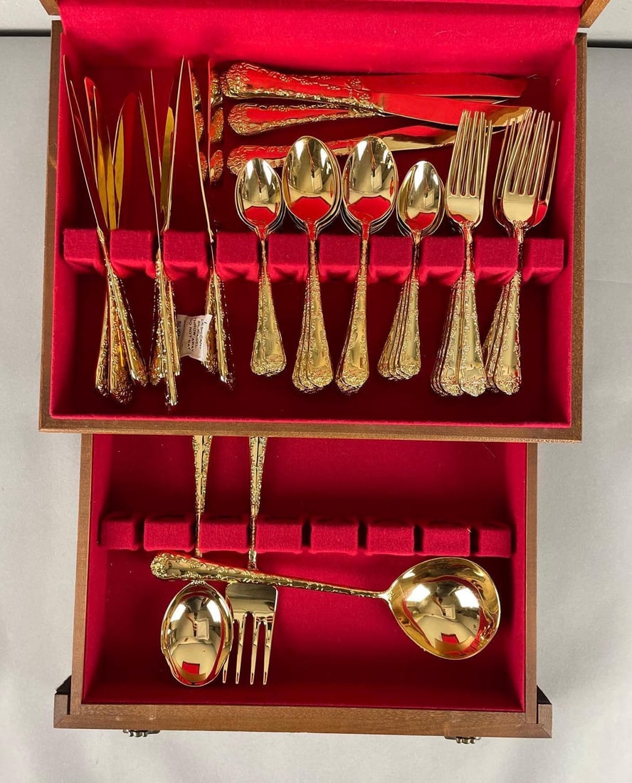 Set of Gold Plated Flatware for 12: Includes 2 serving spoons and meat fork, wood case measures 5 1/2 inches x 15 inches x 11 1/2 inches