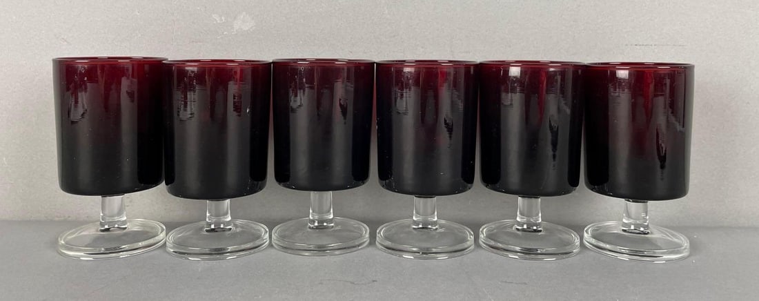 Group of 6 Vintage Luminarc Arcoroc Cavalier Ruby Red Stemmed Glasses: France etched on base, measures 4 inches x 2 1/4 inches
