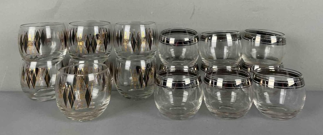 Group of MCM Roly Poly Lowball Cocktail Glasses: Includes federal patterned, measuring 3 inches x 3 1/4 inches