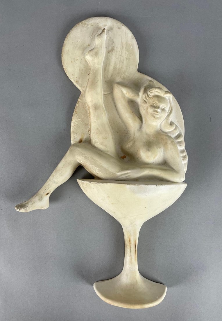 Vintage Nude Lady in Martini Glass Chalk Wall Plaque: Chip on nose and foot, measures 16 3/4 inches x 10 1/2 inches x 2 1/2 inches