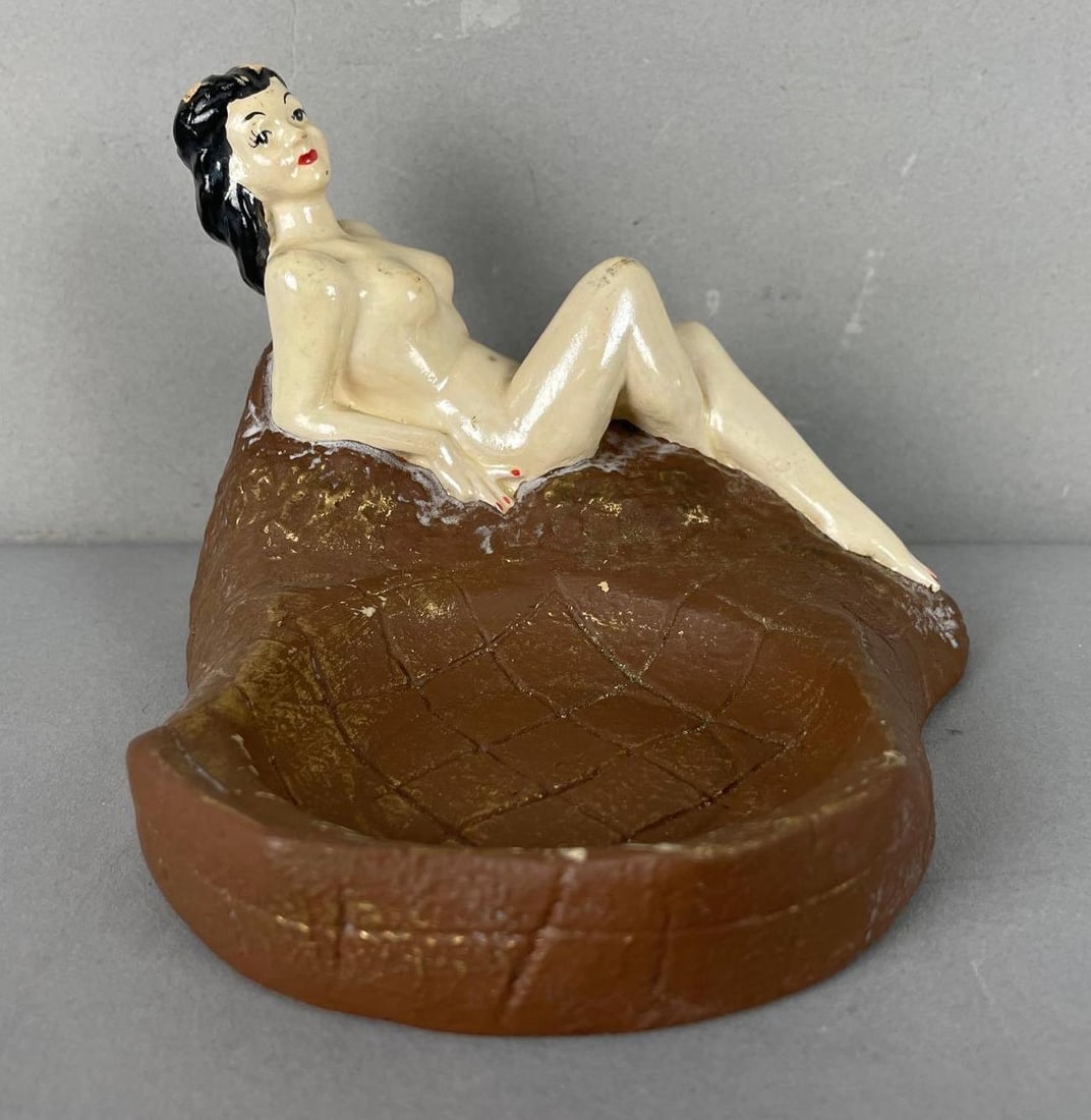 Vintage Nude Woman Chalk Ashtray: Paper stuck on top of hair, measures 4 1/2 inches x 6 inches x 6 1/4 inches