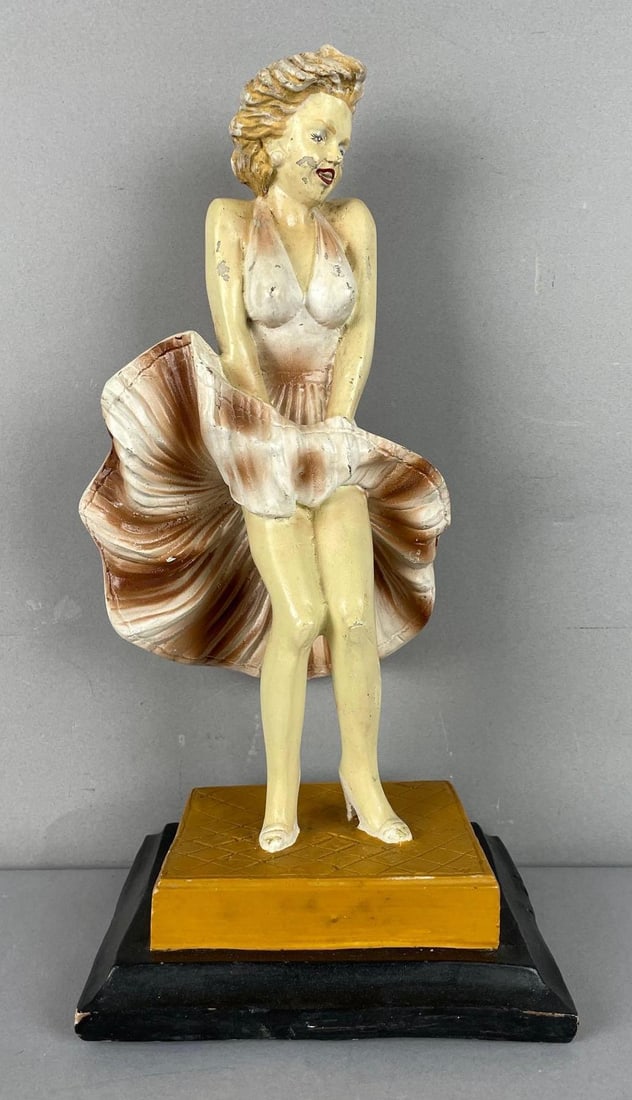 Vintage Resin Marilyn Monroe Seven Year Itch Statue: Paint chipping, measures 14 1/4 inches x 6 1/2 inches x 5 3/4 inches