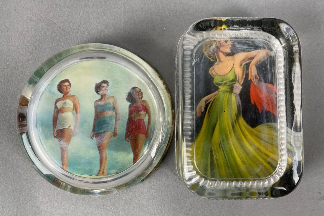Group of 2 Vintage Pin-Up Glass Paperweights: Rectangle measures 4 1/4 inches x 3 inches