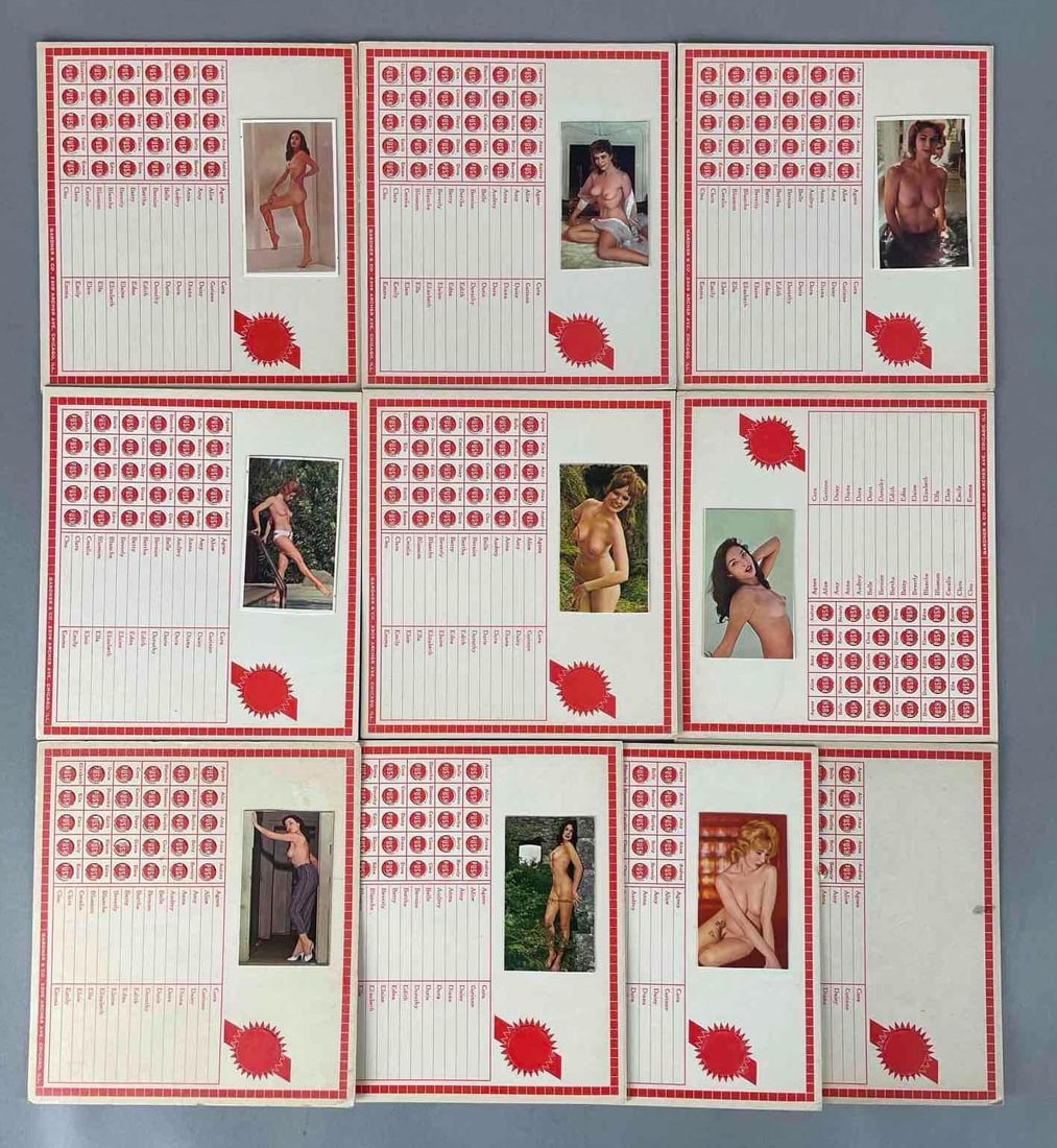 Group of 10 Vintage Nude Pin-Up Gambling Punch Cards: 1 missing photo, unpunched, measures 6 3/4 inches x 6 1/4 inches