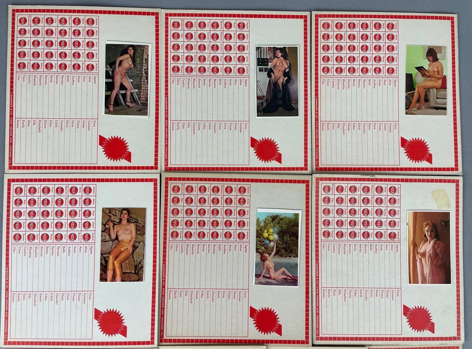 Group of 10 Vintage Nude Pin-Up Gambling Punch Cards: Unpunched, measures 6 3/4 inches x 6 1/4 inches