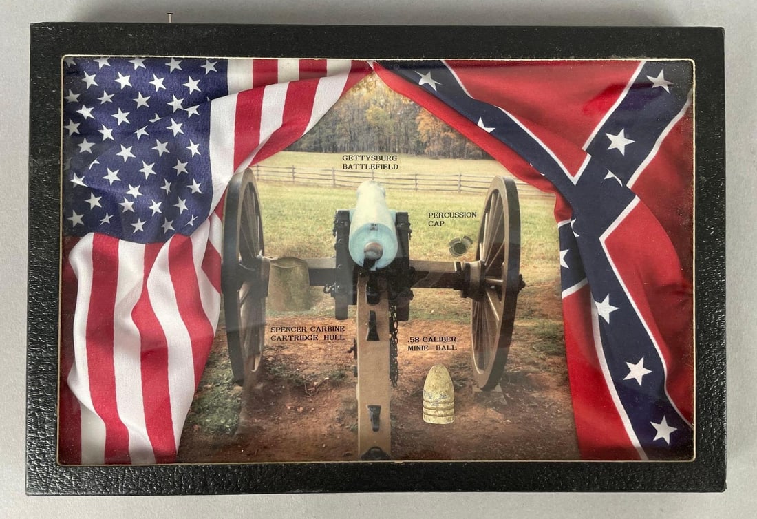 Gettysburg Battlefield Civil War Spent Ammunition Display: Riker case measures 8 1/4 inches x 12 1/4 inches
