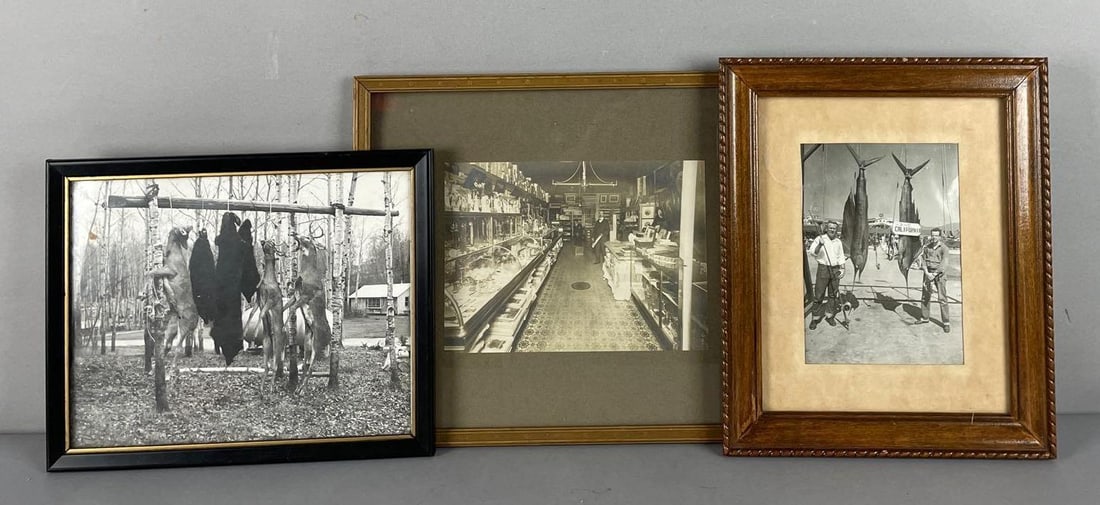 Group of 3 Vintage Photos: Includes hunting, fishing, store interior, largest frame measures 10 3/4 inches x 12 3/4 inches