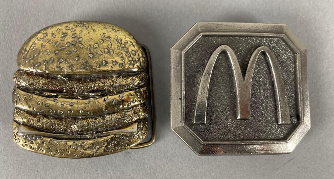 Group of 2 1970s McDonalds Advertising Belt Buckles: Big Mac measures 2 1/4 inches x 2 1/4 inches