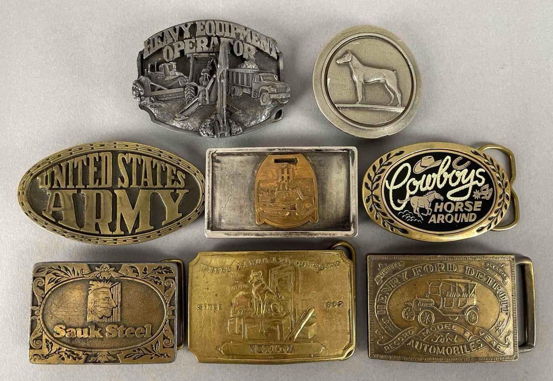 Group of Belt Buckles: Includes ford model t, U.S. Army, international harvester, largest measures 2 1/2 inches x 3 1/2 inches