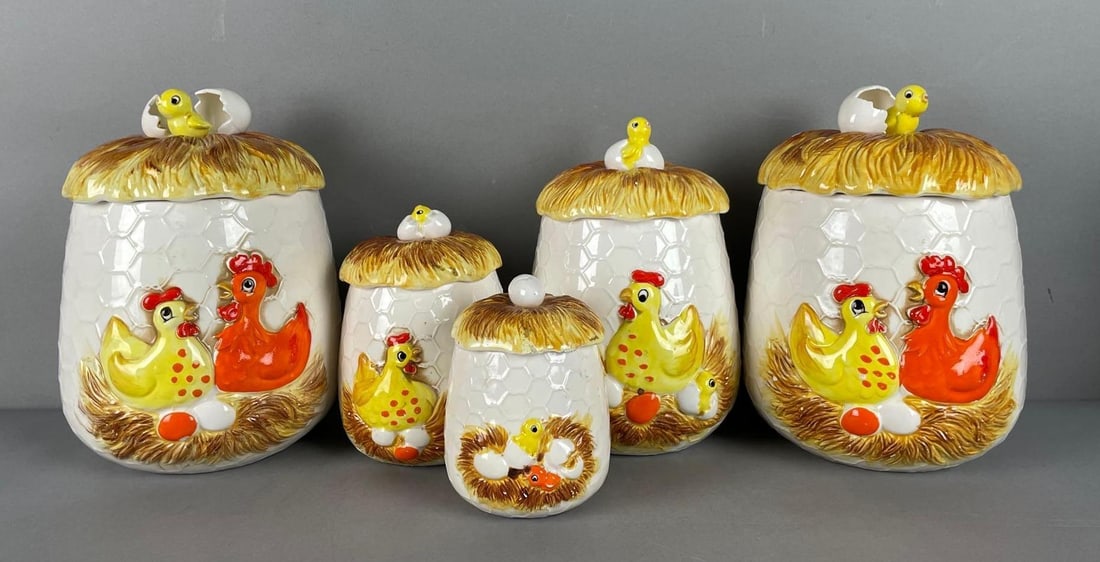 Group of Vintage Sears and Roebuck Chicken Little Kitchen Canisters: Made in Japan, ceramic, largest measures 9 inches x 6 3/4 inches